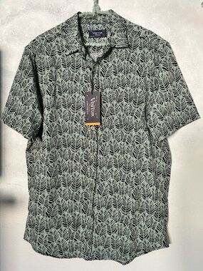 Visitor Premium Collared Button Down Leaf Print Shirt Green Black Large Hawaiian